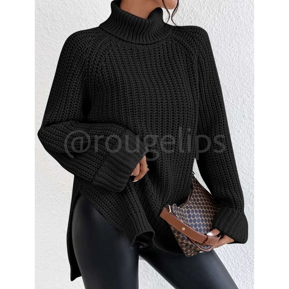Casual Pullover Sweater Cable Knit Turtleneck  Black High Neck Long Sleeve
